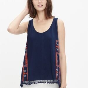 Madewell Blue Cotton Sleeveless Scoop Neck Embroidered Fringe Top Boho Summer XS